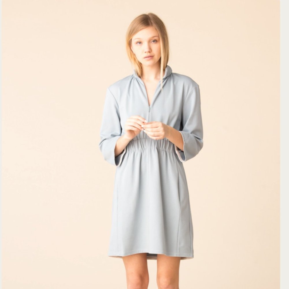 Tibi Weston Knit Mini Zip Up Shirred Dress - Cloud Blue